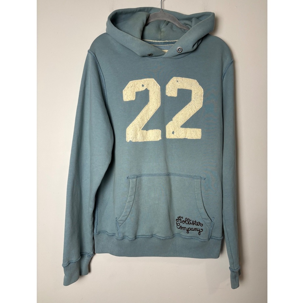 Hollister Mens VTG Y2K Hoodie Sweatshirt L Blue 22 Felt Applique Pullover Logo